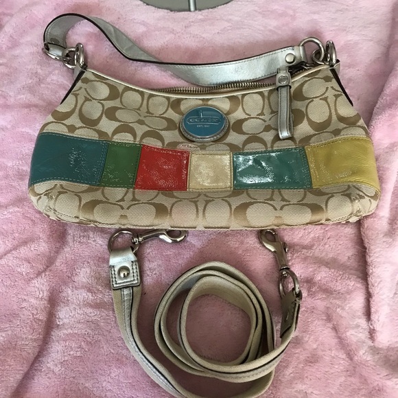 Coach tan signature C with patent leather multi colored stripes hobo bag - Picture 2 of 7
